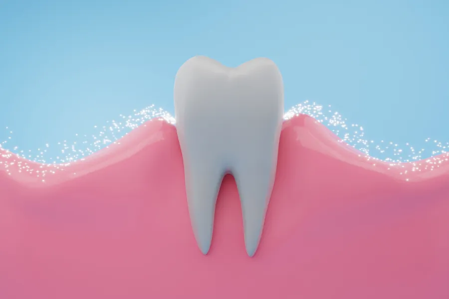 A 3D illustration of a healthy white tooth above a pink gum line with sparkling clean effect