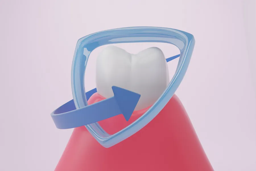 A close-up image of a white tooth surrounded by a blue protective ring, set against a pink background, symbolizing dental care